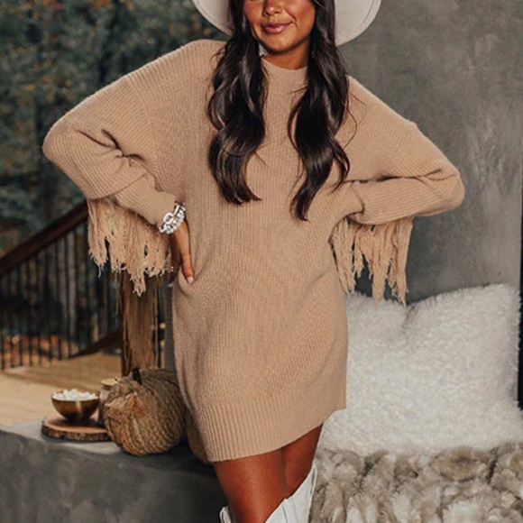 Fringe Sweater Dress in Iced Latte - Picture 1 of 6